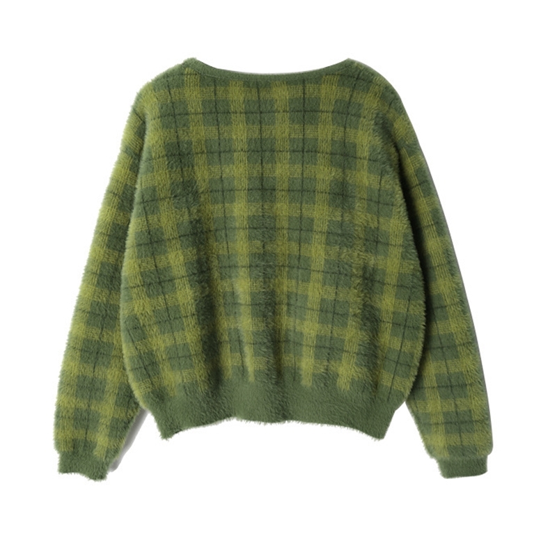 Harajuku Fuzzy Green Plaid Cardigan With Front Button Women Cropped Cardigan Sweater / 210218