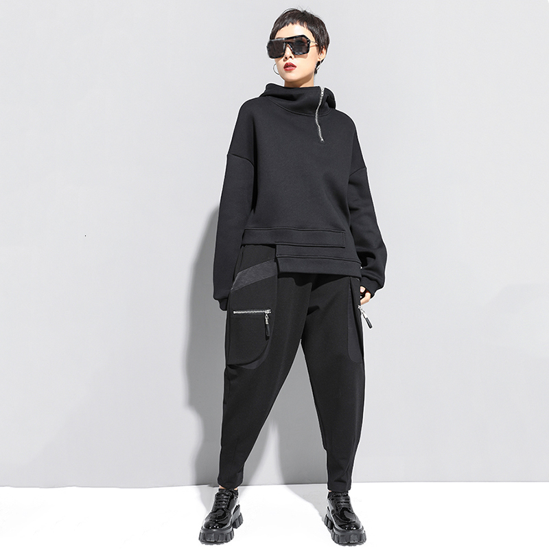 [EAM] Loose Fit Asymmetrical Oversized Sweatshirt New Hooded Long Sleeve Women Big Size Fashion Tide Spring Autumn - LJ201130