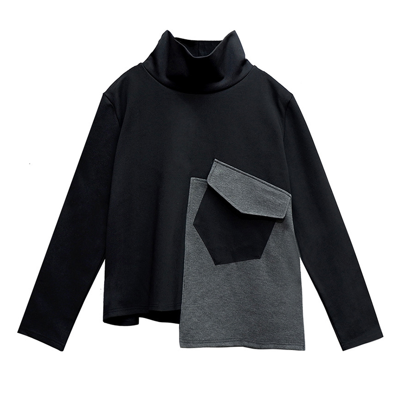 EAM Loose Fit Pocket Split Joint Sweatshirt Turtleneck Long Sleeve Women Big Size Fashion Spring Autumn 1Z338 201126