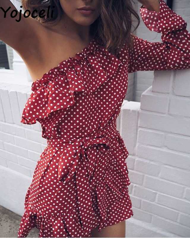 Yojoceli Elegant ruffle bow short dres Spring one shoulder polka dot female Beach cute sexy vestidos 210609
