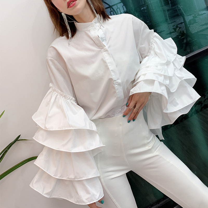 GALCAUR Korean Patchwork Ruffles Women's Shirt Stand Collar Lantern Long Sleeve Large Size Loose Blouse Female Fashion New 210225