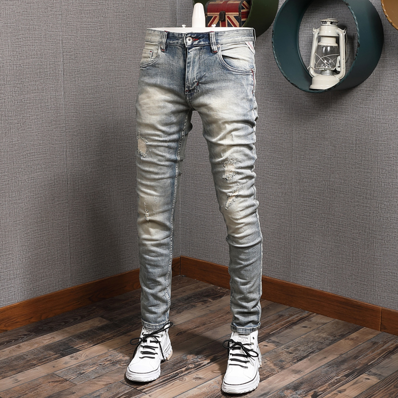 2021 New Italian Fashion Men Jeans Retro Light Blue High Quality Elastic Slim Fit Ripped Denim Pants Patchwork Vintage Designer Trousers Qt4
2021 New Italian Fashion Men Jeans Retro Light Blue High Quality Elastic Slim Fit Ripped Denim Pants Patchwork Vintage Designer Trousers Qt4