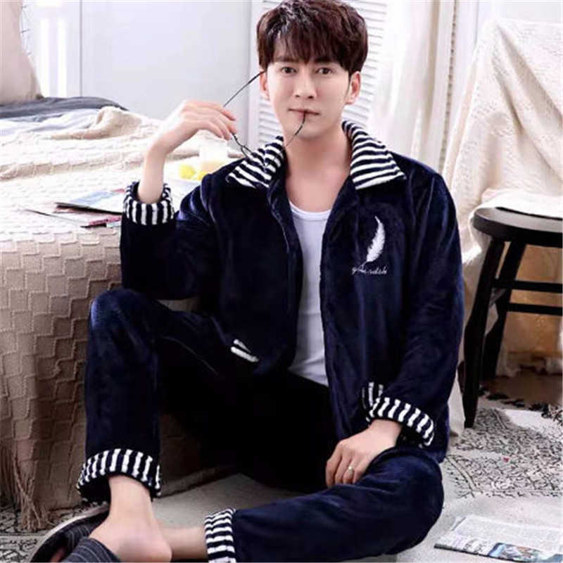 Winter Long Sleeve Pajamas Set For Men Thick Warm Flannel Pyjamas Suit Lounge Homewear Home Clothes Male Sleepwear 211014