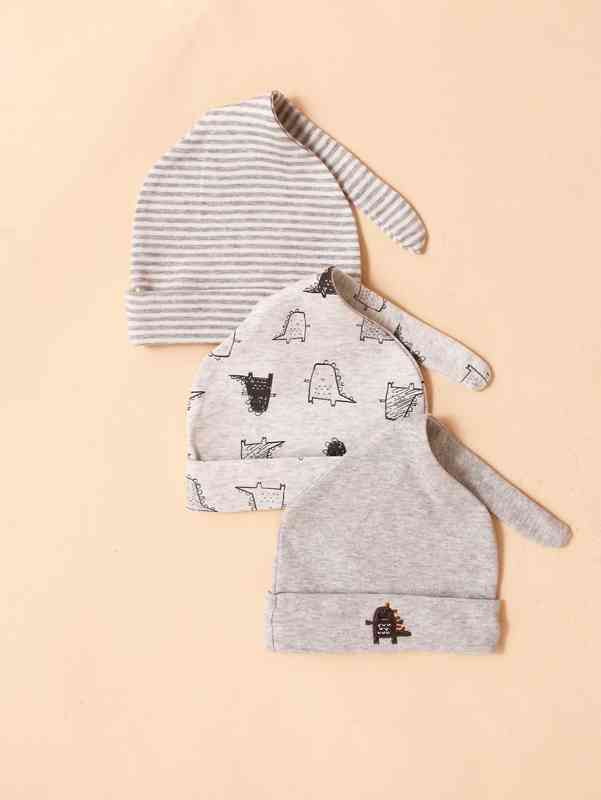 3pcs Baby Striped Print Embroidery Detail Hat SHE