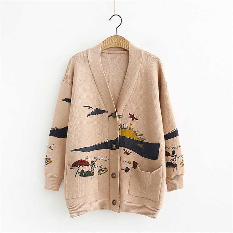 Cardigan Sweater Women's Autumn And Winter Loose Cute Print Joker Long Sleeve Women's Knitted Jacket Sweaters Oversize 210714