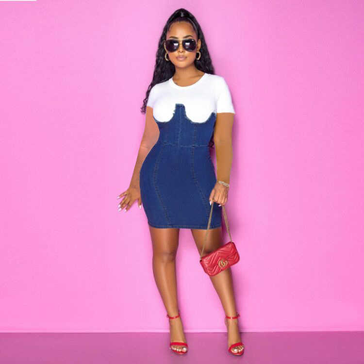 Women Short Sleeve Splicing Denim Bodycon Mini Dress 210702