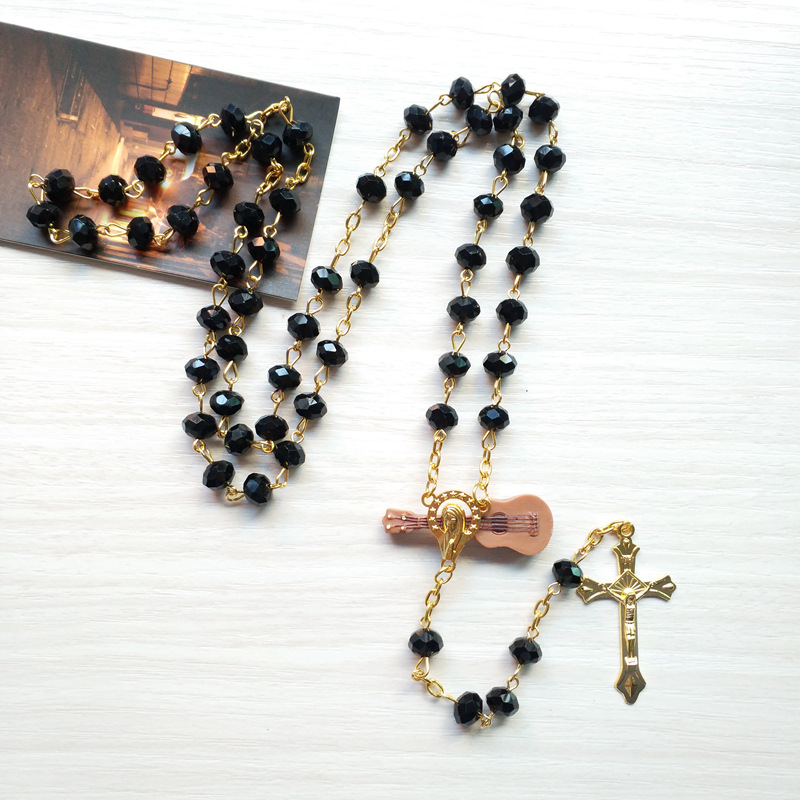 Black Crystal Rosary Necklace Long Gold Jesus Cross Pendant Catholic Religious Prayer Jewelry