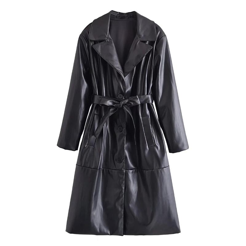 Women's Trench Coats Autumn And Winter Fashion Long-sleeved Lapel Black Imitation PU Long Coat With Belt, Ladies Slim Jacket, Tan;black
