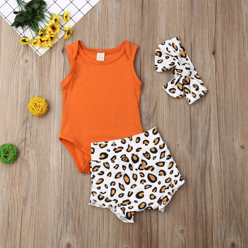 Summer Sunsuit Girl Romper Baby Leopard Short Pants Toddler High Waist Shorts Bloomers Headband 3PCS Outfits Baby Clothes Set, Orange
Summer Sunsuit Girl Romper Baby Leopard Short Pants Toddler High Waist Shorts Bloomers Headband 3PCS Outfits Baby Clothes Set, Orange
