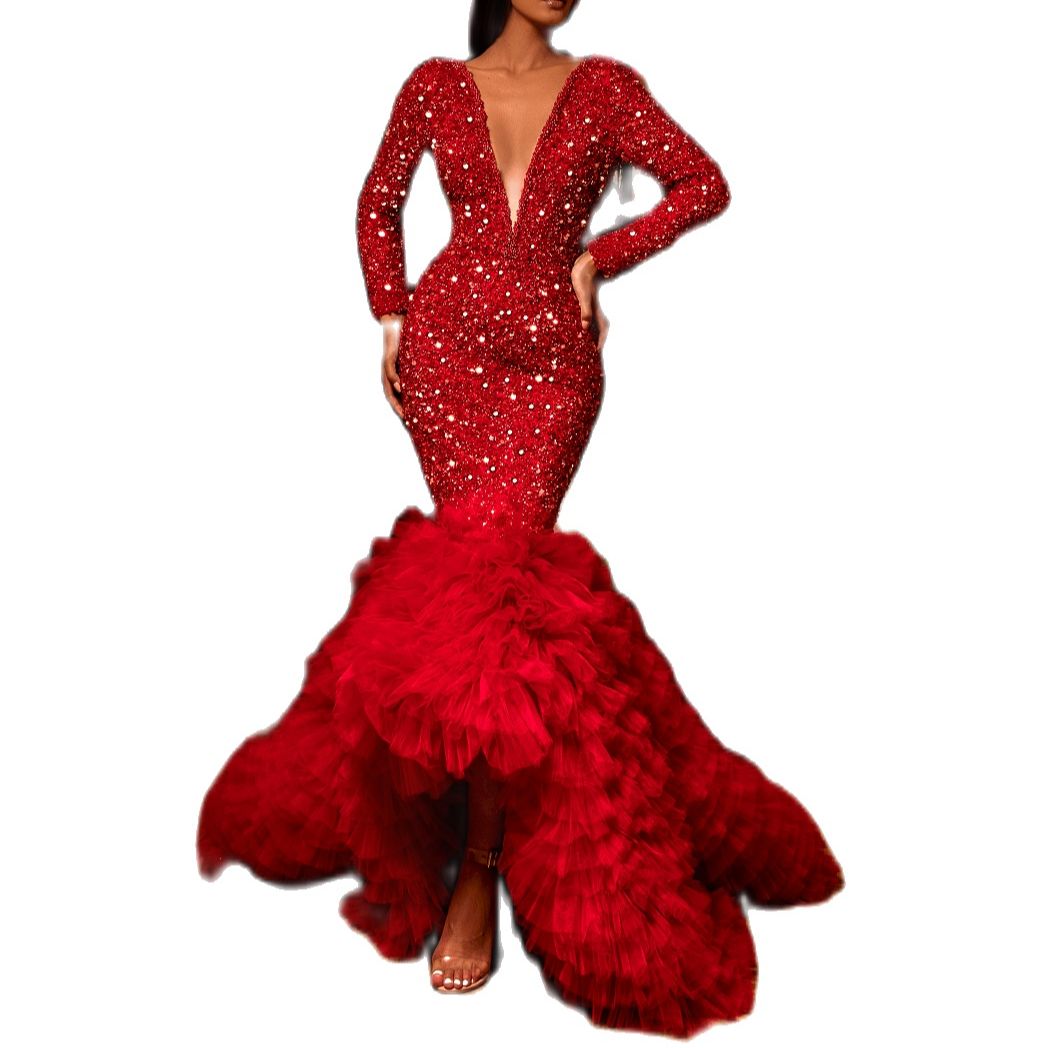 Red Glitter Elegant Mermaid Evening Dresses V Neck Long Sleeves Sequins Shiny Women Prom Pageant Party Gowns
