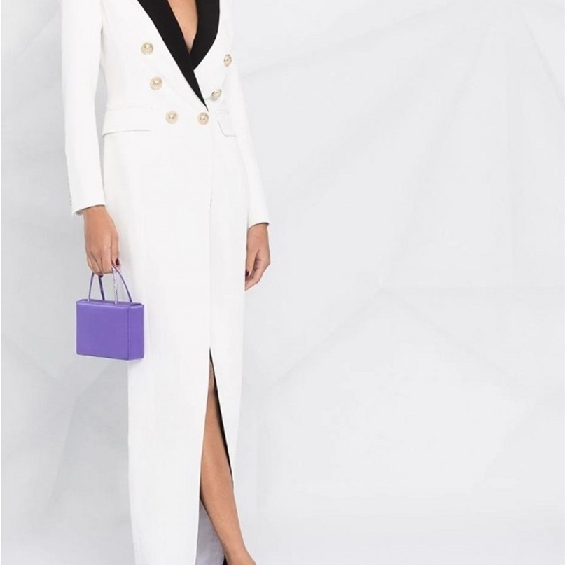 Elegant Black White Hit Color Suit Collar Dress Arrival Chic Double Breasted Charm Deep V Women For Spring 211122