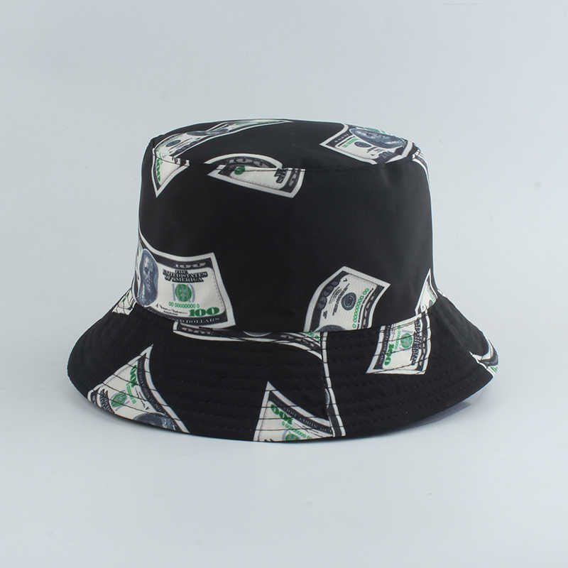 New Dollar Print Fishing Cap Bob Chapeau Femme Reversible Bucket Hat Men Fishing Bucket Hats for Women Harajuku Hip Hop Gorro Q0805