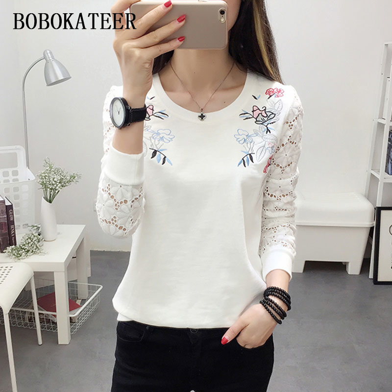BOBOKATEER embroidery t shirt women tshirt lace tops long sleeve tshirt women funny t shirts camiseta blusas mujer de moda T200319