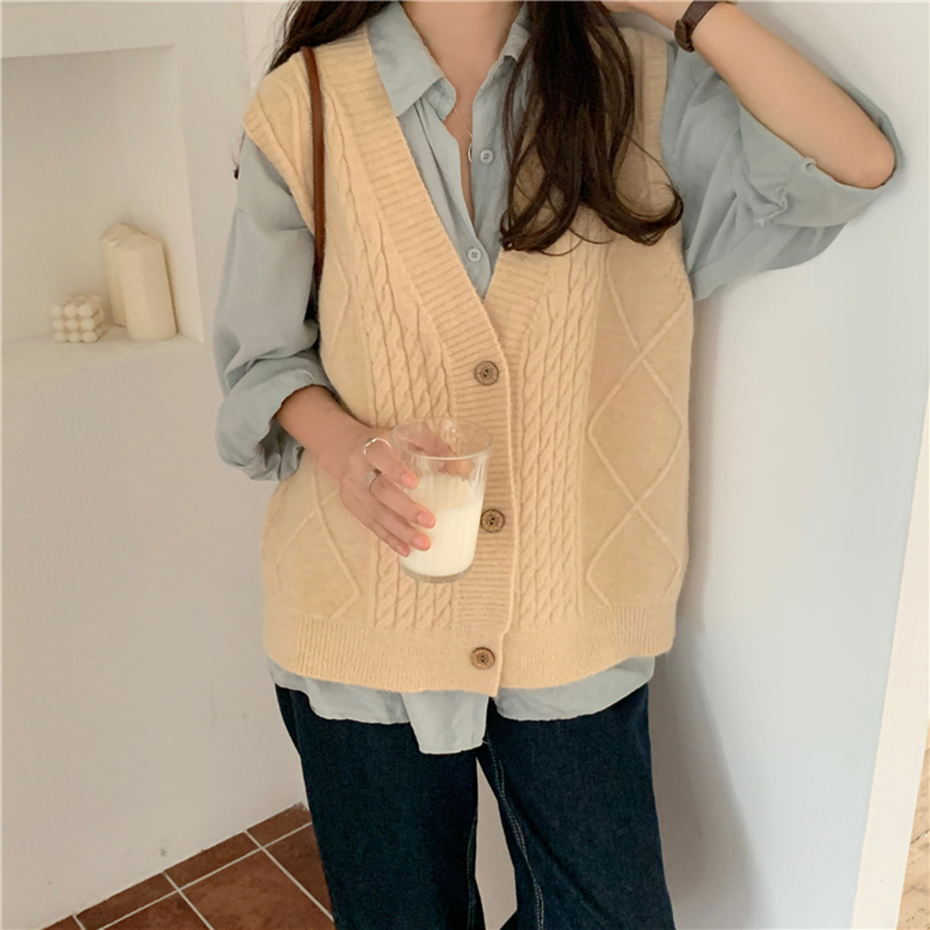 QOERLIN Preppy Single Breasted Knit Vest Spring Autumn Sleeveless Sweater Vest Women Knitted Crop Tops Casual Waistcoat Outwear 210218