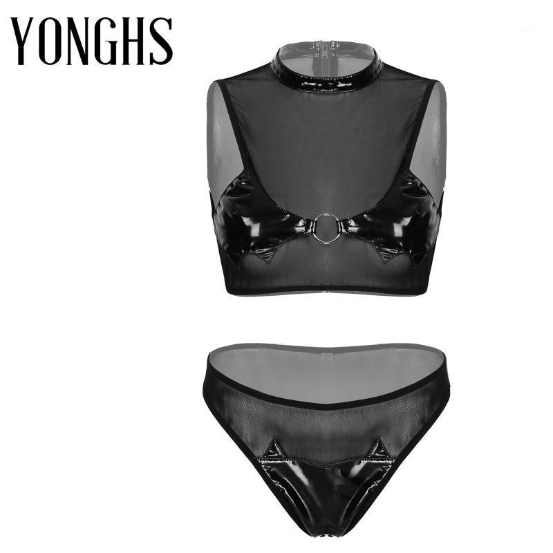 Erotic Lingerie Suit Womens See-through Mesh Patent Leather Patchwork Role Play Costume Mock Neck Sleeveless Tops With Briefs Bras Sets, Black
Erotic Lingerie Suit Womens See-through Mesh Patent Leather Patchwork Role Play Costume Mock Neck Sleeveless Tops With Briefs Bras Sets, Black