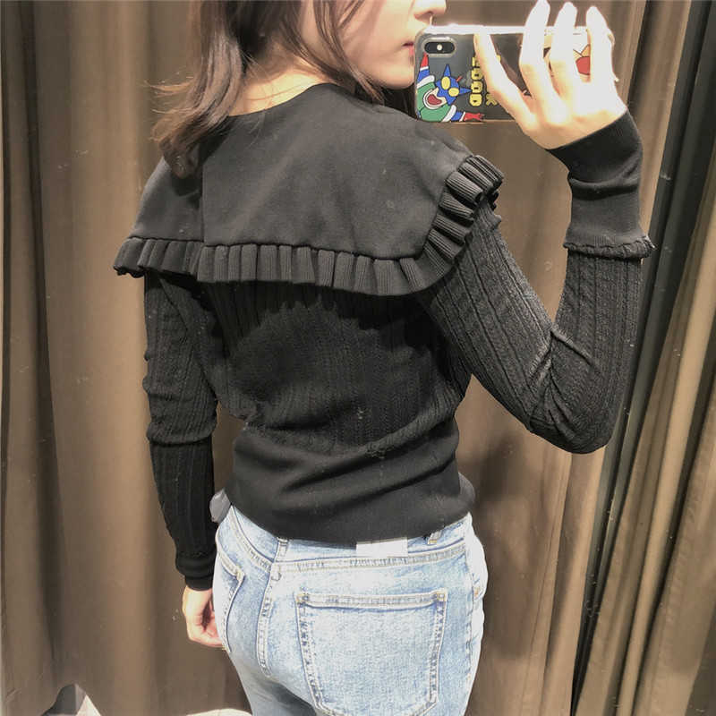 Za Pointelle Knit Cardigan Sweater Women Ruffle Long Sleeve Jewel Button Knitted Top Female Chic Vintage Black Cardigans 210602
