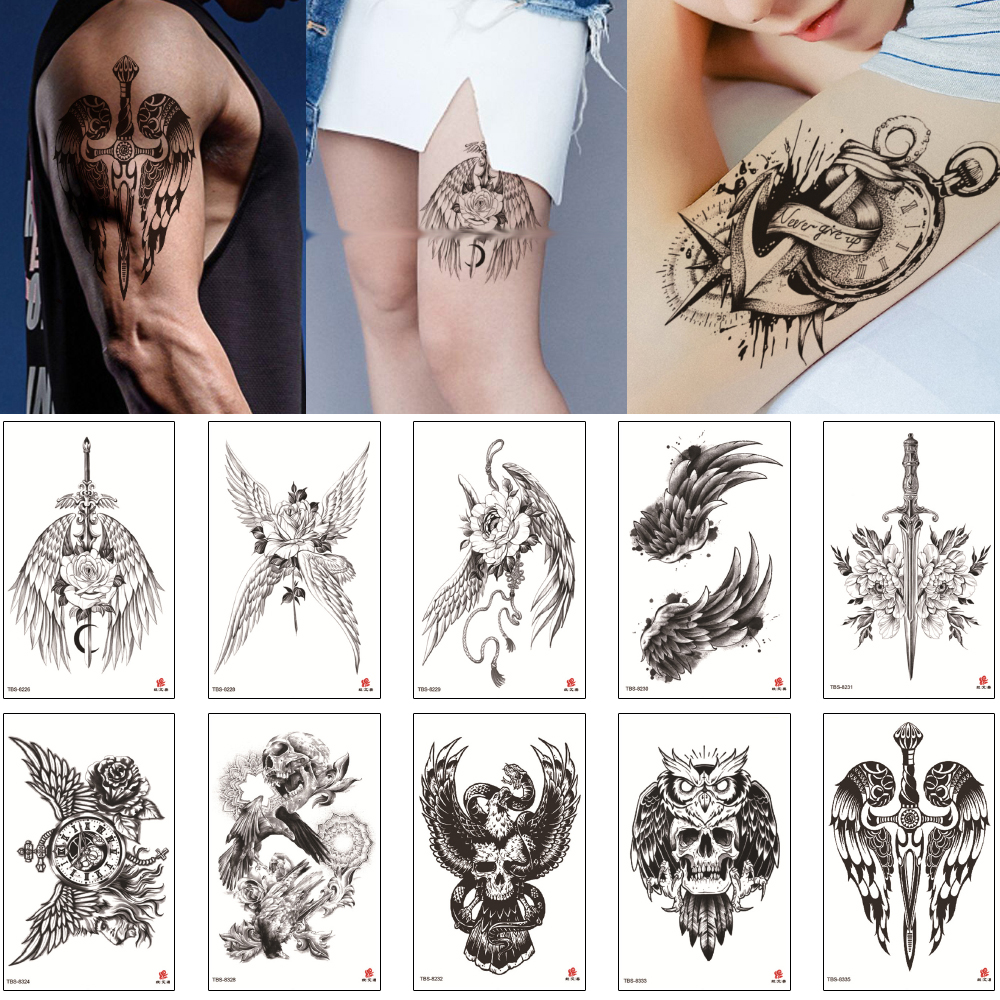 Fake Black Tattoo Sticker Waterproof Temporary Design Wing Angel Sword Owl Skull Decal for Woman Man Body Art Makeup Tattoo Cool Party Decor
Fake Black Tattoo Sticker Waterproof Temporary Design Wing Angel Sword Owl Skull Decal for Woman Man Body Art Makeup Tattoo Cool Party Decor
