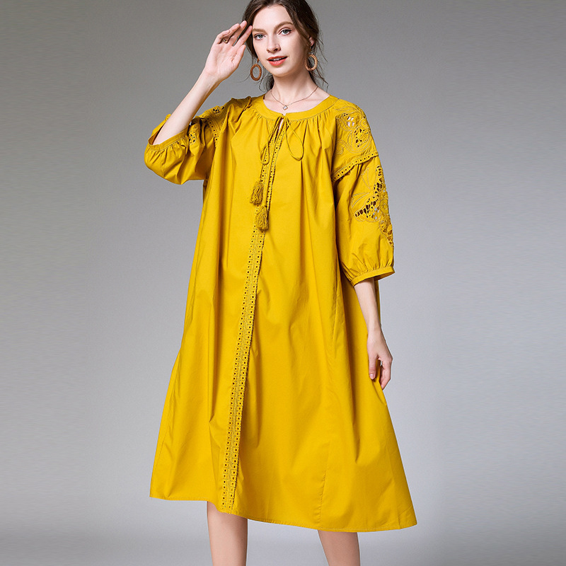 Hollow Out Puff Sleeve Dresses Famale Drawstring Round Collar Loose Oversize Summer Cotton Clothes Trend AQ955 210526