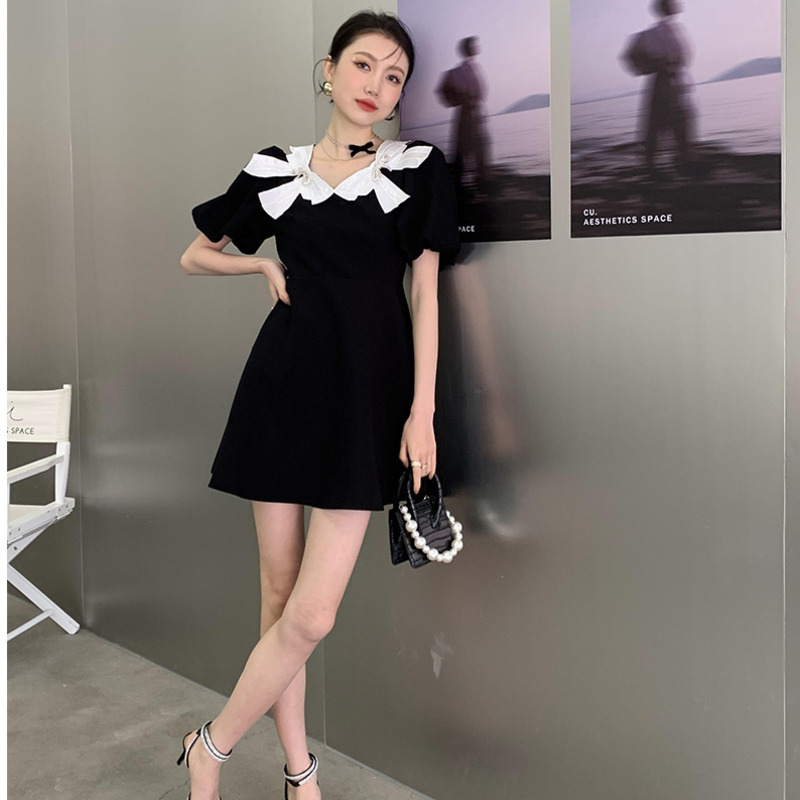 Women Short Bubble Sleeve Bow A-line Dresses Fit Lady Fashion Summer Arrivals 2H052 210526