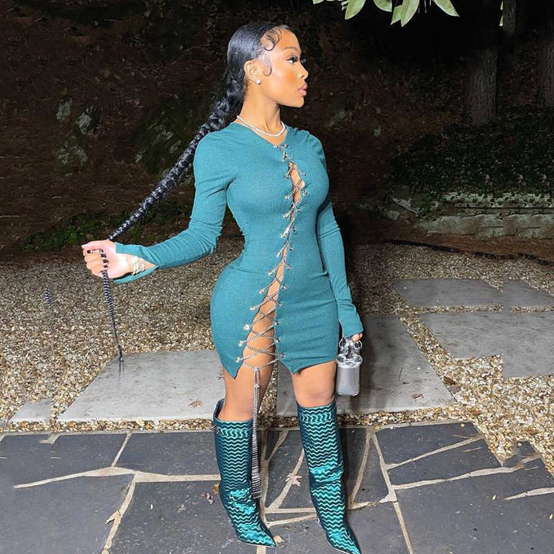 DEAT Women Spring Autumn Arrivals Solid Color Long Sleve Round Collar Sexy Fashion Drawstring Dress MZ868 210709