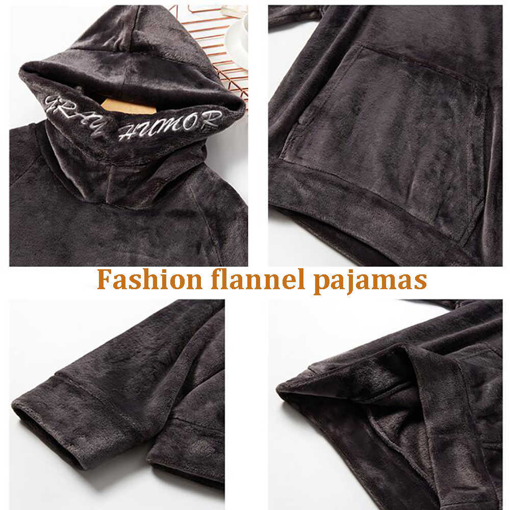 Men's Warm Hooded Pajamas Winter Flannel Pajama Sets Loose Male Lounge Set Plus Size Fashion Letter Embroidery Pijama Sleepwear 211014