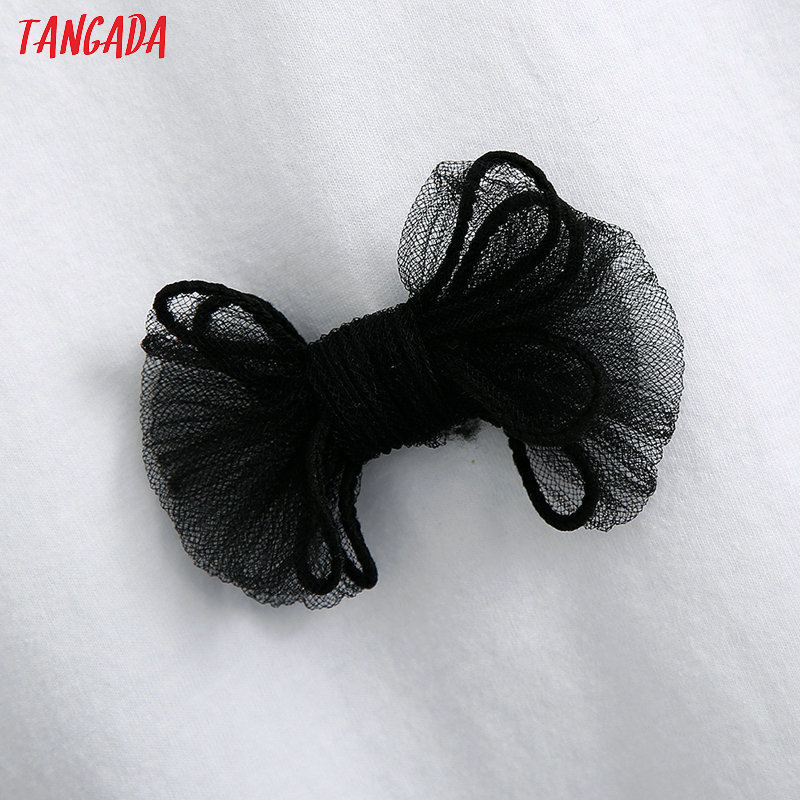 Tangada women bow tie decorate cotton T shirt short sleeve O neck tees ladies casual tee shirt top BE570 T200512