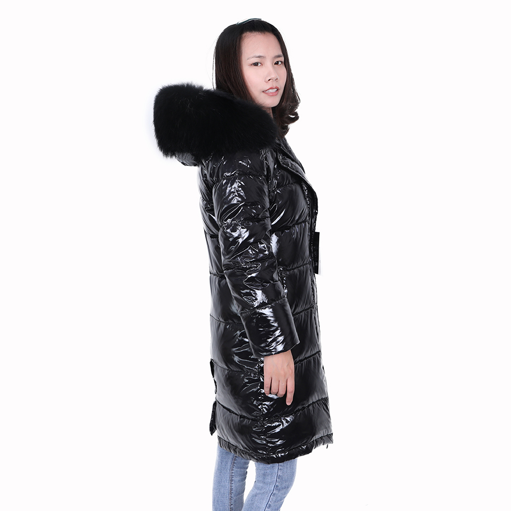 MAOMAOKONG winter long white duck down lining real raccoon fur collar warm black shiny streetwear jacket ladies 201019