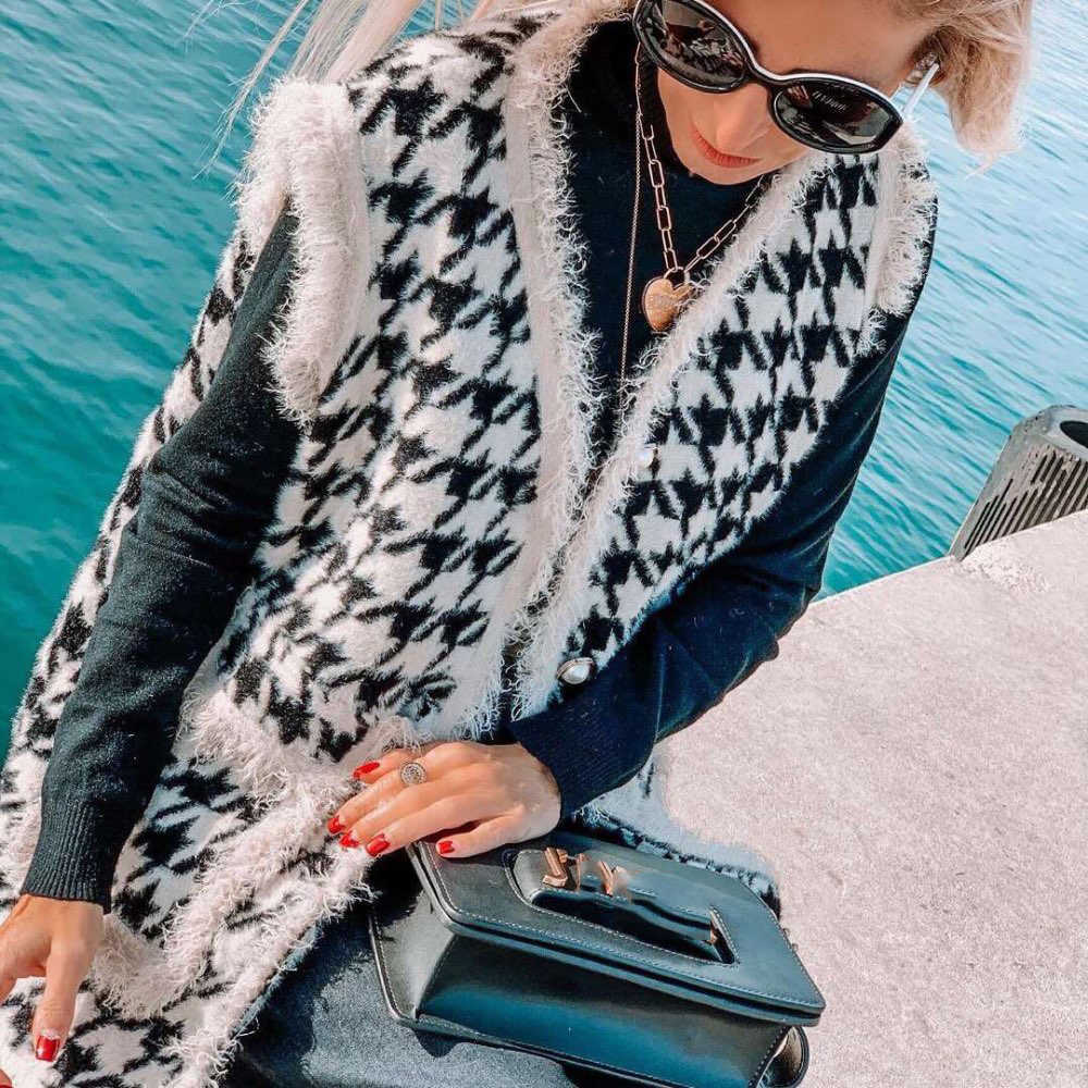 High Quality Houndstooth Faux Mink Fur Women Spring Autumn Single-Breasted Waistcoat Knitted Vest Sleeveless Jacket C-258 210910