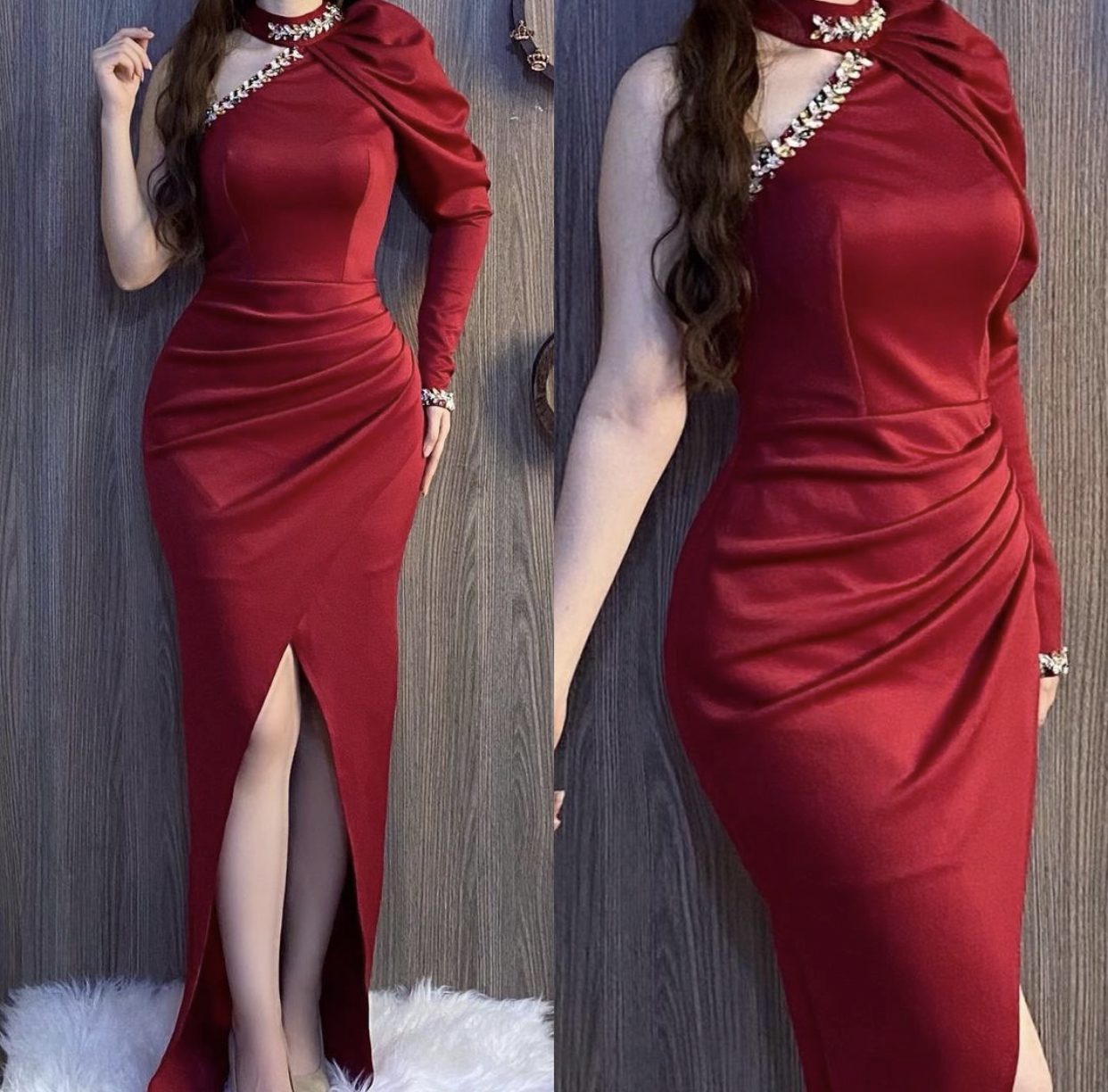 Burgundy Mermaid Prom Pageant Dresses Evening Wear Special Occasion Gowns Beads Single Long Sleeves Side Split Middle East Dubbai Arabic Style White Y