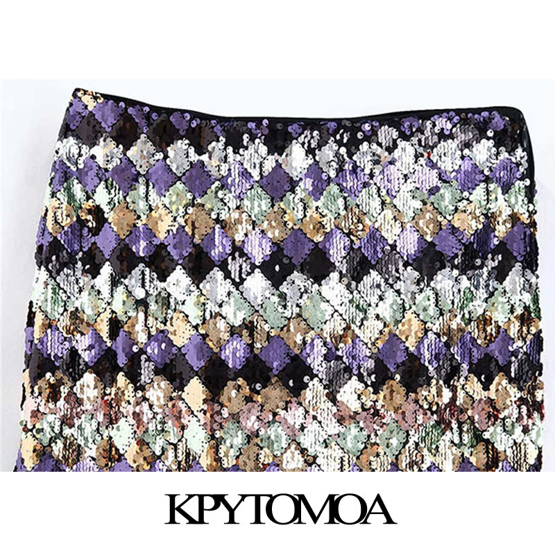 Vintage Sexy Sequin Midi Skirt Women Fashion High Waist Side Zipper Back Vents Female Skirts Casual Faldas Mujer 210306