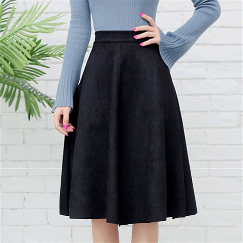 Neophil Women Suede High Waist Midi Skirt Winter Vintage Style Elastic Ladies A Line Black Green Flare Fashion Skirt S29A4 210306