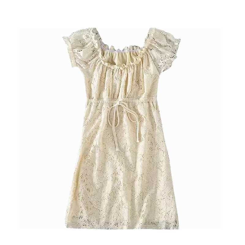 Summer dress vintage boho casual lace dress elegant mini sexy club bow tie tunic off shoulder ruffle dress vestidos 210630