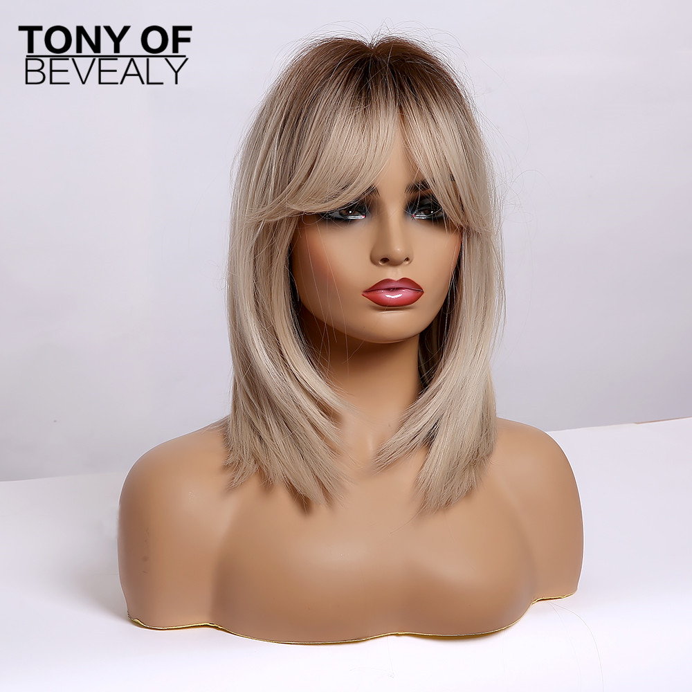 Synthetic Length Ombre Brown to Blonde Straight Hair Wigs with Bangs Synthetic Wigs for Women Cosplay Heat Resistant Natural Wigs