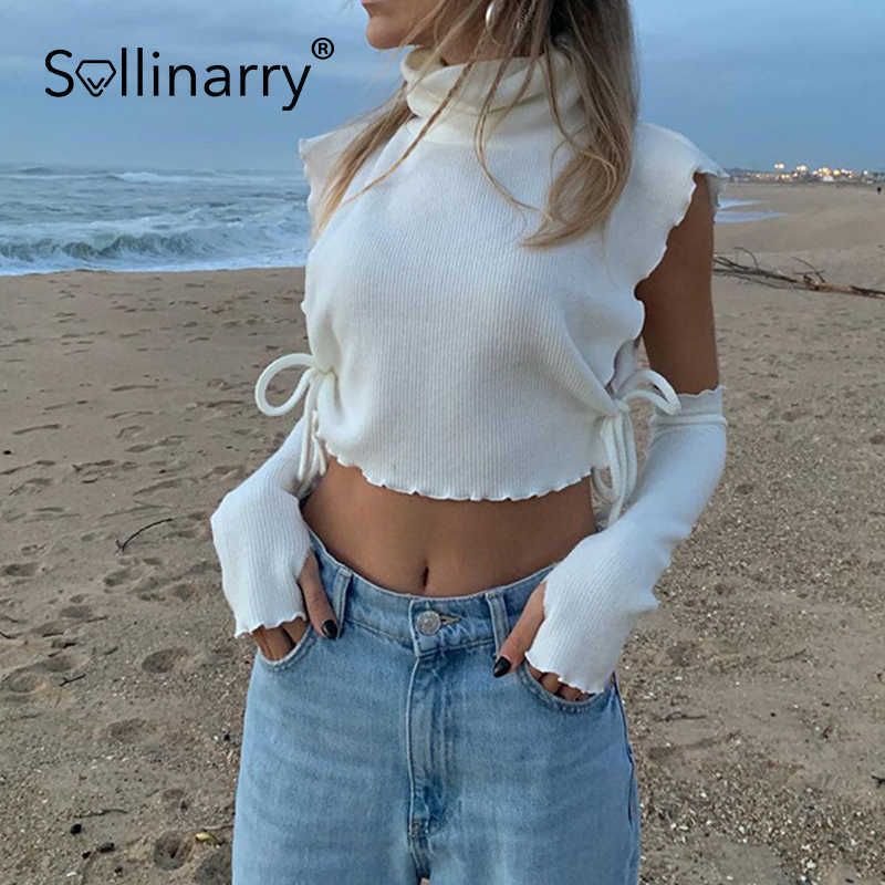 Sollinarry High street turtleneck sweater vest women Sexy sleeveless autumn crop top white Loose lace up ladies short sweater 210709