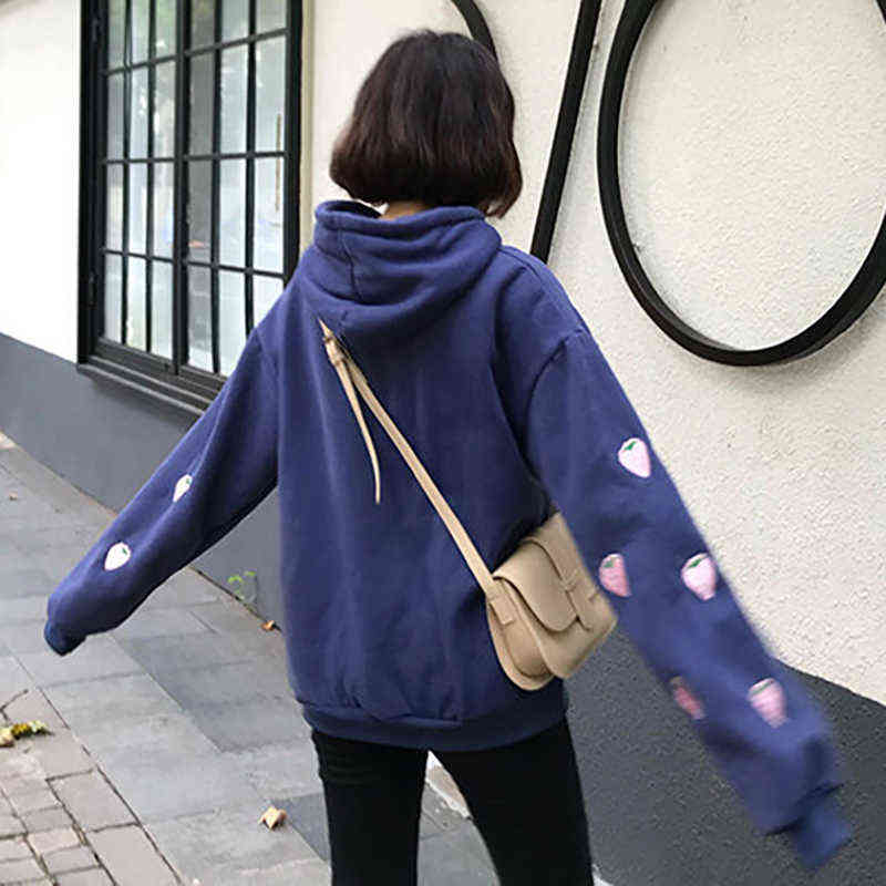 Harajuku Strawberry Embroidery Lavender Pink Sweatshirt Autumn Winter Women Kawaii Loose Long Sleeves Tops Oversized Hoodies XXL 211109