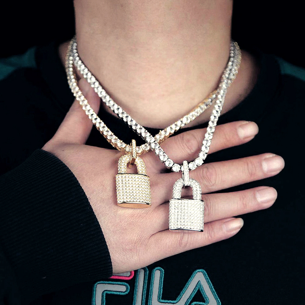 New Luxury Lock Pendant Necklace 5MM Tennis Chain Rope Iced Out Bling Cubic Zircon Necklace For Men Women Hip Hop Jewelry
