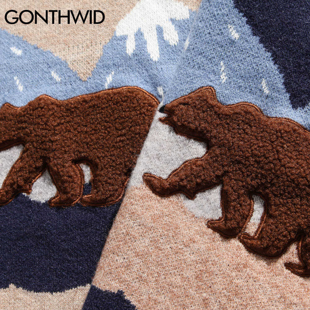 GONTHWID Snow Mountain Bear Patchwork Knitted Jumper Sweaters Streetwear Mens Hip Hop Harajuku Casual Knitwear Fashion Knit Tops 211008