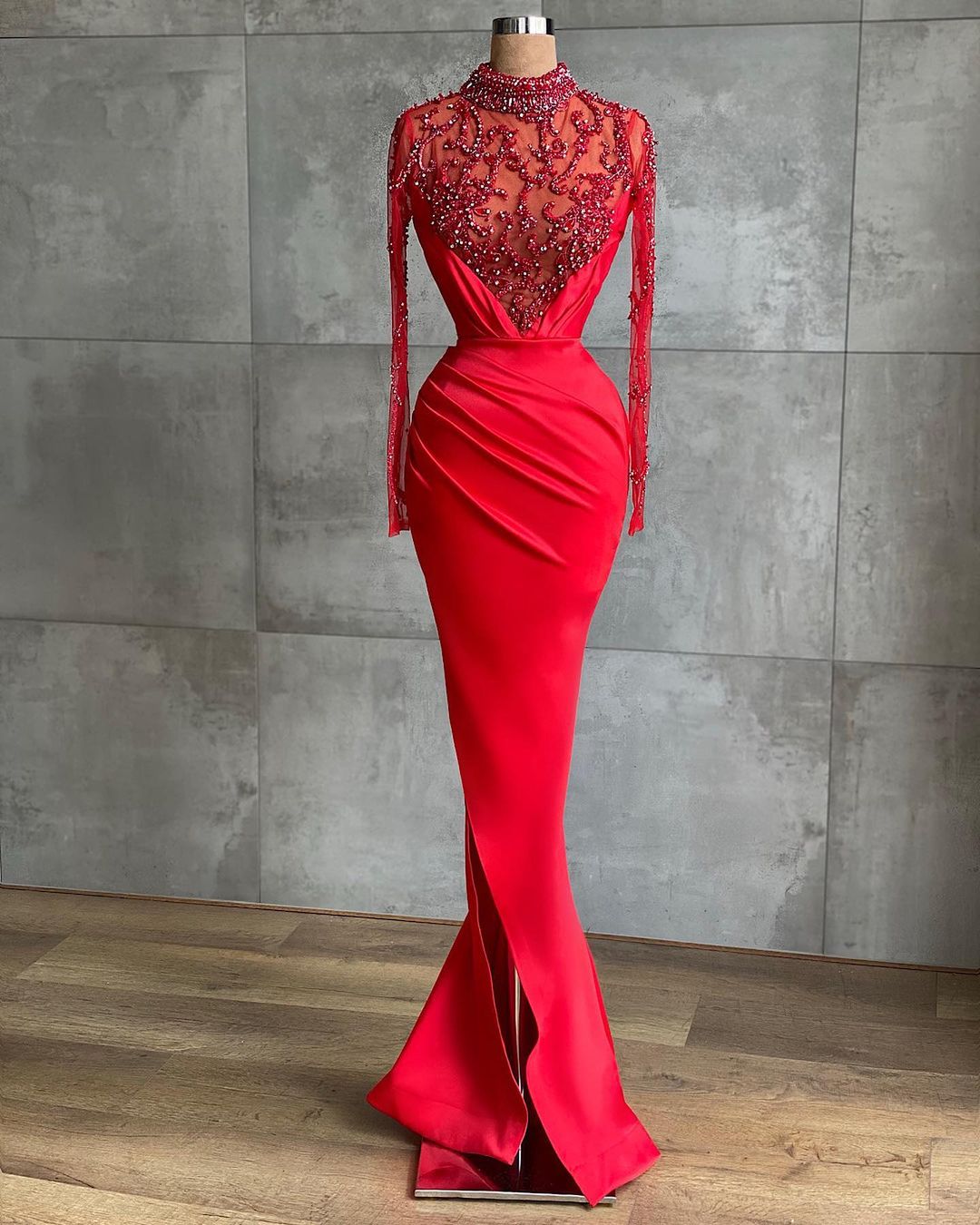 Aso Ebi 2021 Arabic Red Luxurious Mermaid Evening Dresses Crystals Beaded Prom Dresses High Neck Formal Party Second Reception Gowns ZJ688