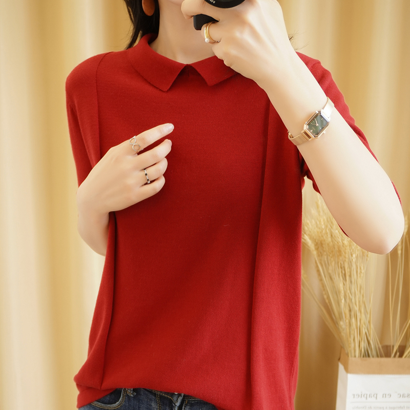 Summer New Short-sleeved Woman Doll Collar Pullover Vest Slim Fashion Knitted Bottoming T-Shirt Short Sleeve Large Size 210306