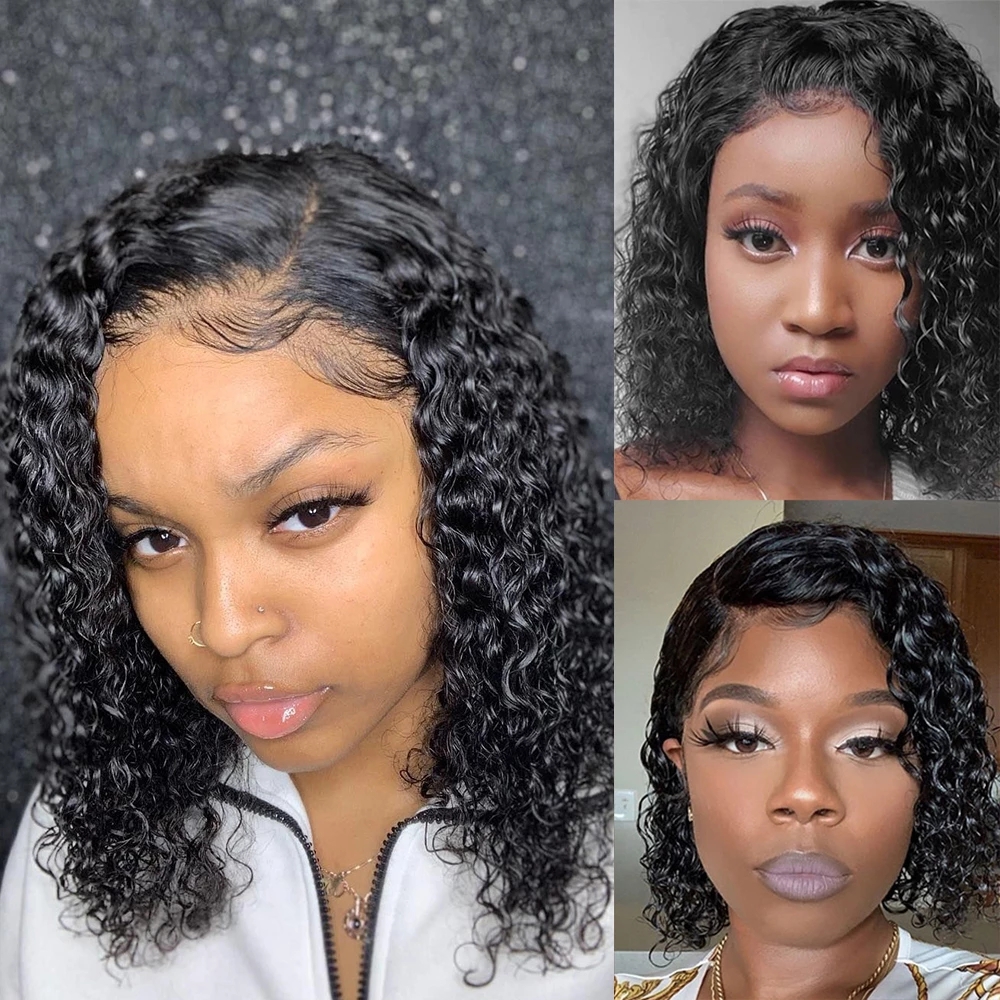 Free shipping 250 Density Brazilian Afro Curly Front Wig Water Wave Hd Transparent Short Lace Wigs For Women Synthetic Hair Heat Resistant
