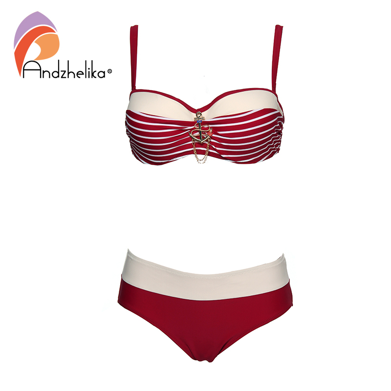 Andzhelika Sexy Striped Bandeau Plus Size Bikini Women Swimsuit Metal decoration Bikinis Set Swimwear Brazilian Bathing Suits 210305