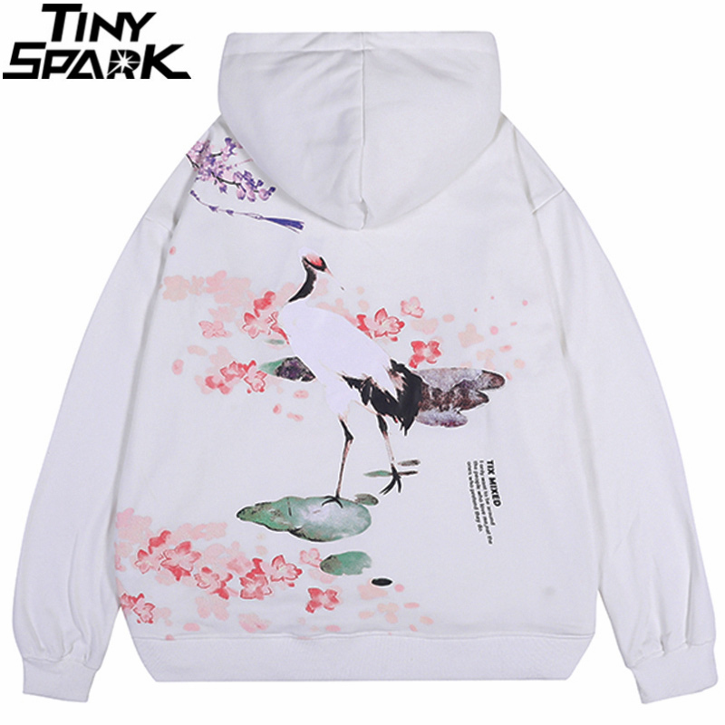 Mens Autumn Streetwear Hip Hop Hoodie Crane Floral Printed Sweatshirt Pink Cotton Fleece Loose Pink Hooded Pullover 201104