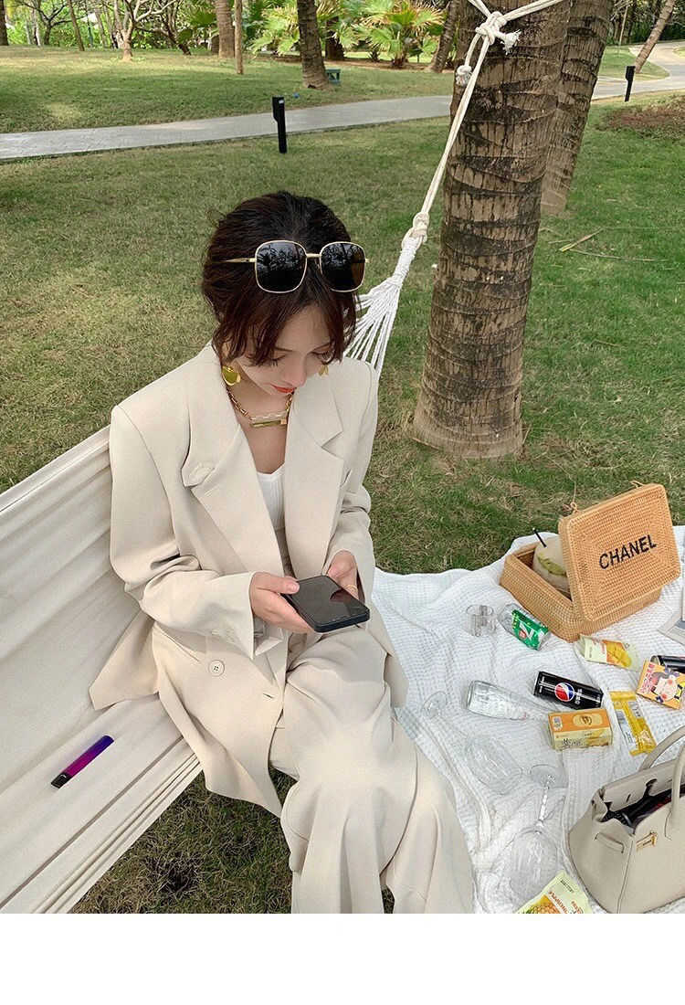 Bella Women Office White Suit Two-Piece Pantsuit Elegant Blazer Female Set Casual Loose Pants Jacket Work Clothes 211007