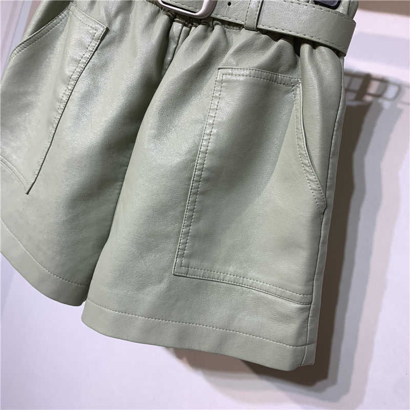 Belt Korean Style High Waist Pu Leather Shorts Women's Autumn Winter Booty 210714