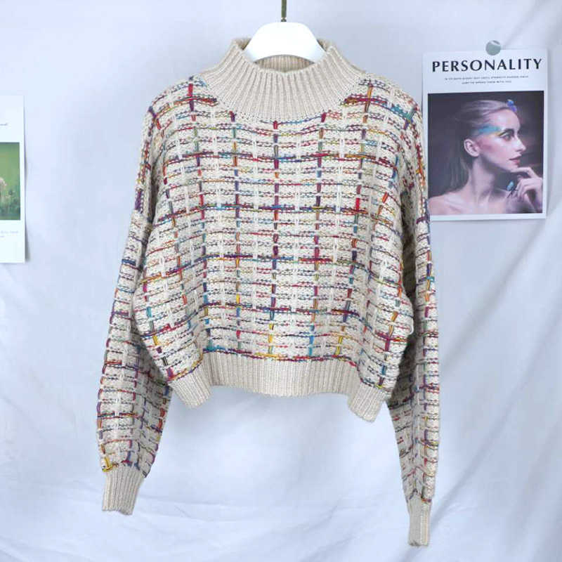 Autumn Winter Plaid Sweater Women Korean Lazy Wind Short Loose Casual Checkered Lantern Sleeve Pullovers Girls 210601