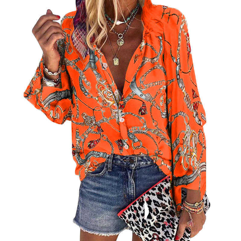 Women's Blouses Plus Size Women Blouse V-neck Long Sleeve Chains Print Loose casual Shirts Womens Tops And Blouses
