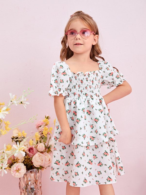 Toddler Girls Floral Shirred Puff Sleeve Layered Hem Dress SHE