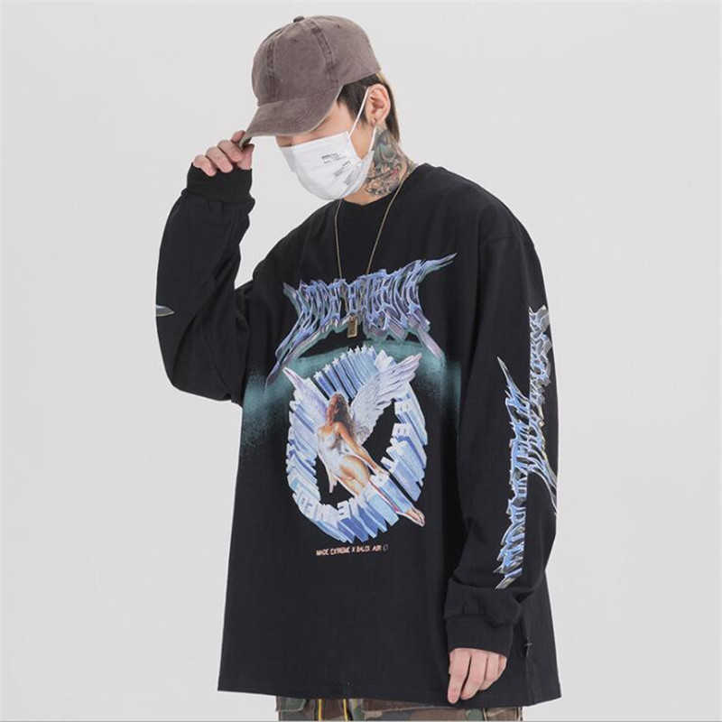 Sale Men Hip Hop T Shirt Oversize Streetwear Retro Angel Print Harajuku Tshirt Loose HipHop T-shirt Cotton Tops Tees Long Sleeve 210629