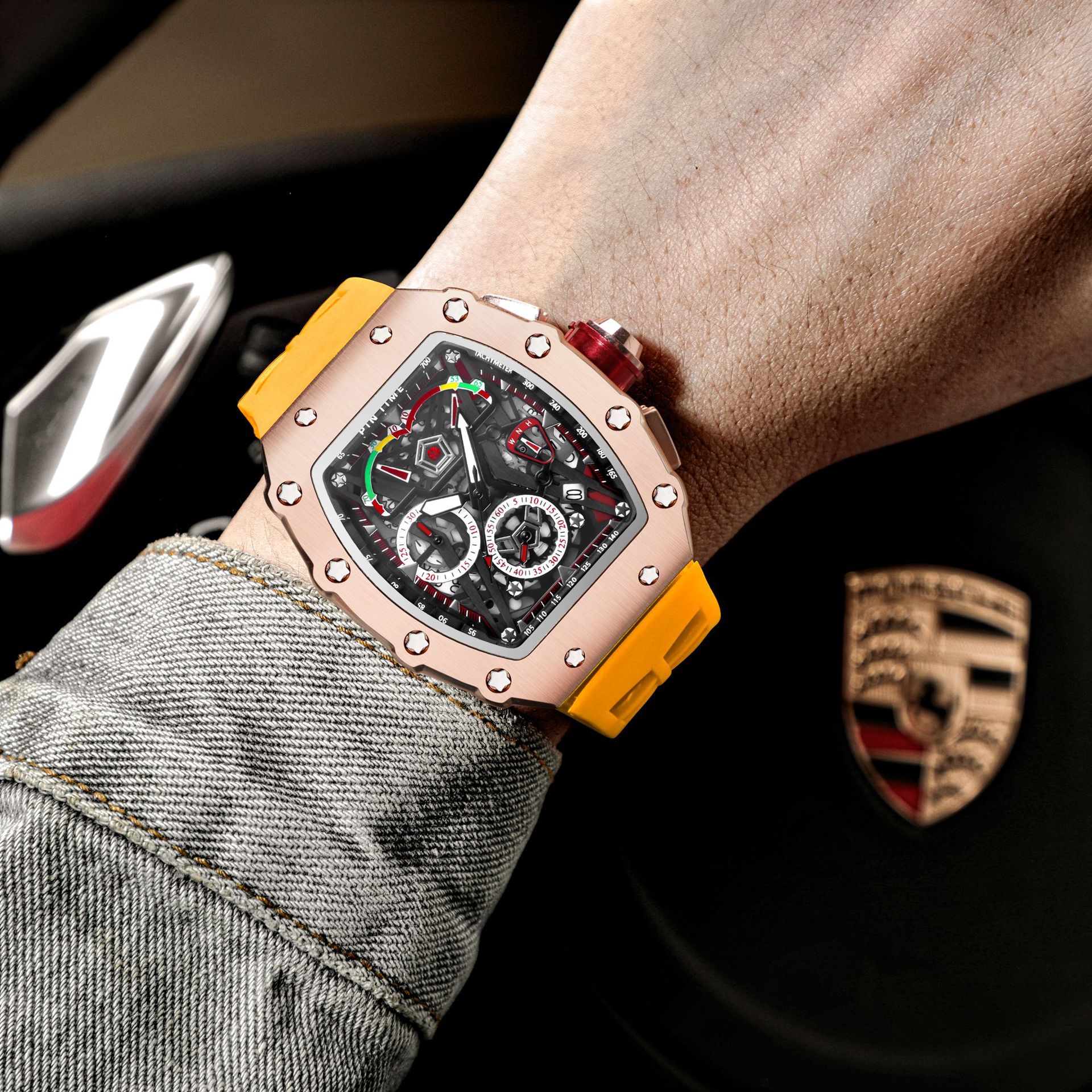 High quality fashion men's quartz sports hollow barrel watch Richard Die counting night light function watch
High quality fashion men's quartz sports hollow barrel watch Richard Die counting night light function watch