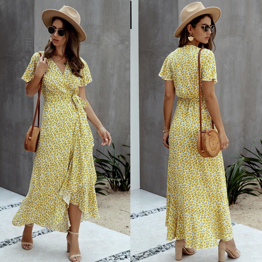 Summer Maxi Dress Women Polka Dot Sexy V Neck Ruffles Short Sleeve Holiday Long Beach Sundress Ladies Lace Up Wrap Party Dresses 210309